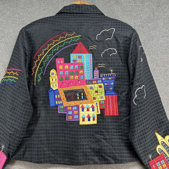 PUSHPA Vintage Blazer Women's Medium Colorful Sky Scraper Buildings Rainbow 90s - Picture 7 of 15